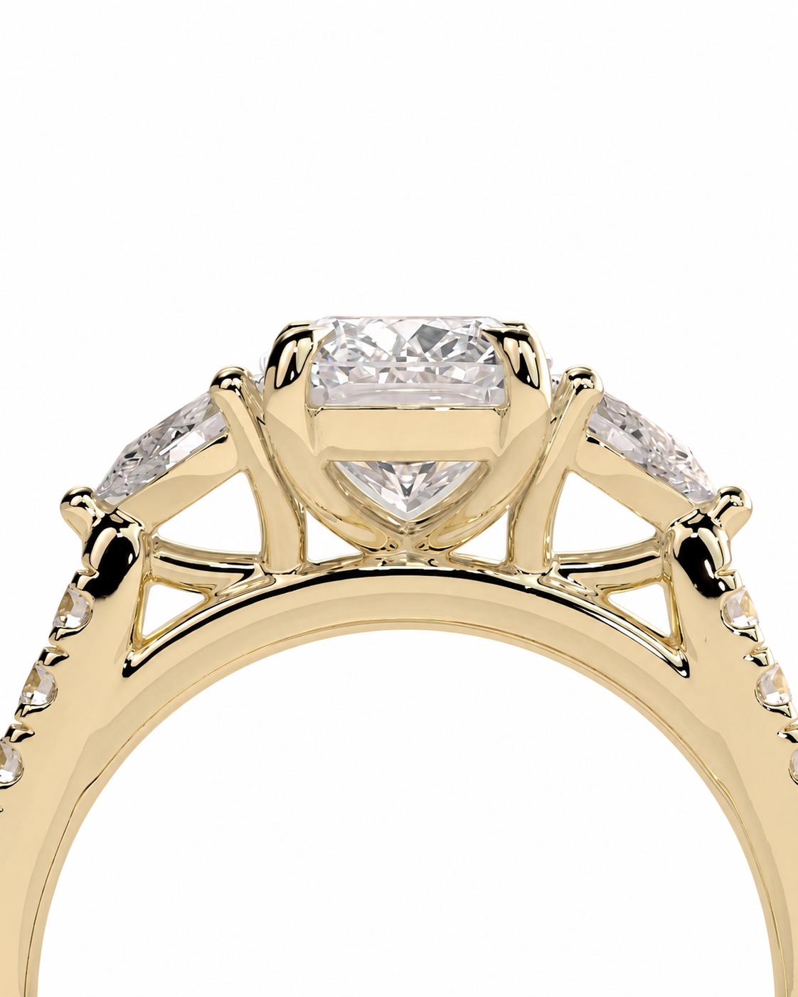 color_10K_YG, color_14K_YG &&Cushion moissanite engagement ring showcasing pave shoulders and open gallery