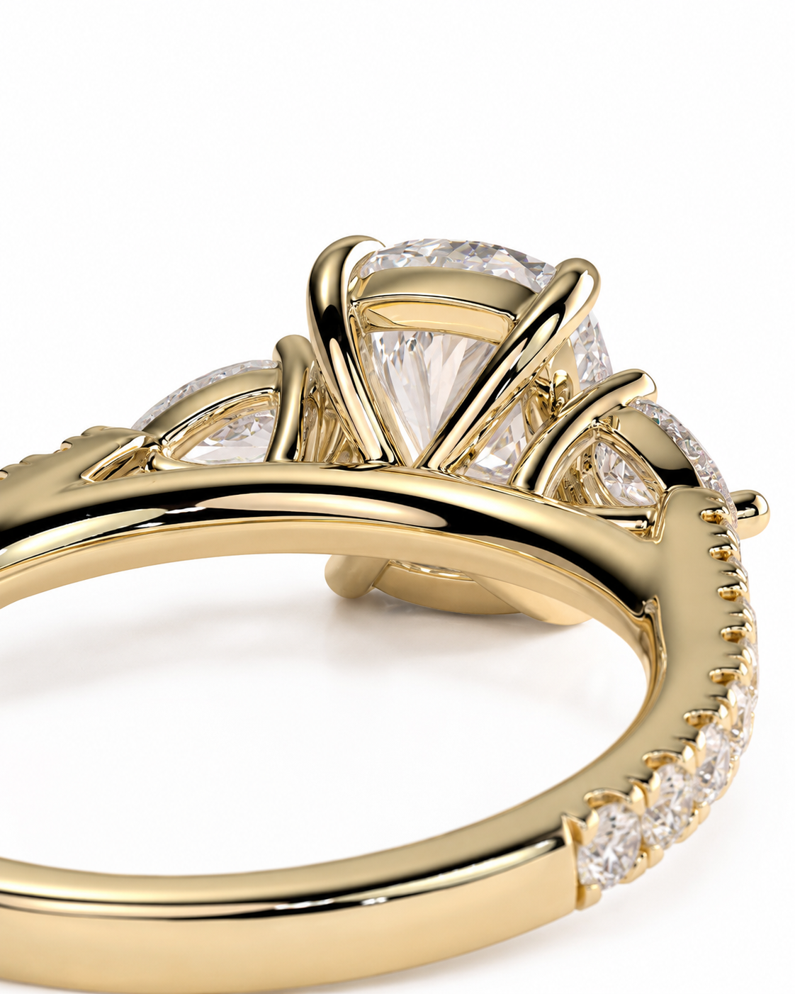 color_10K_YG, color_14K_YG &&Angled view of cushion moissanite engagement ring with elegant marquise accents
