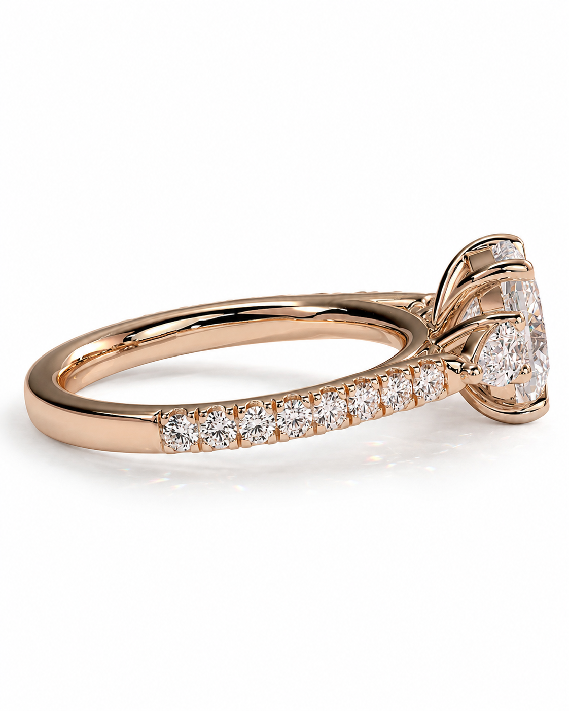 color_10K_RG, color_14K_RG &&A rose gold engagement ring featuring a round brilliant-cut center stone and a pave band with small round stones, shown on a clean white background.
