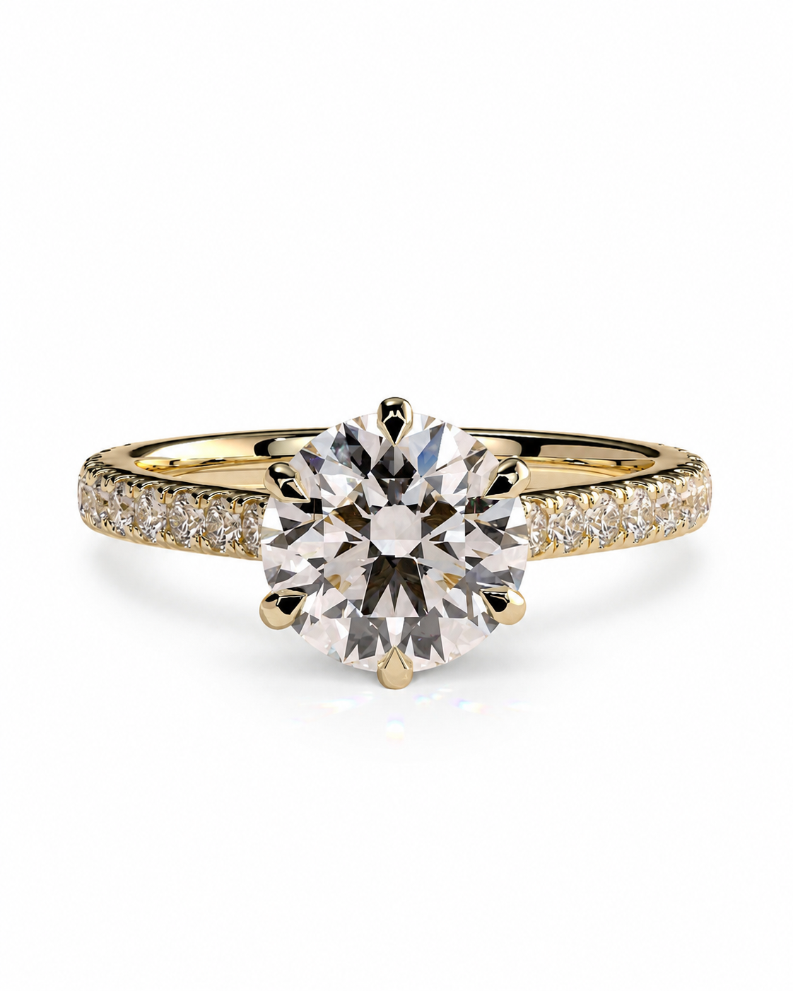 color_10K_YG, color_14K_YG &&Round moissanite engagement ring with delicate pave band front view
