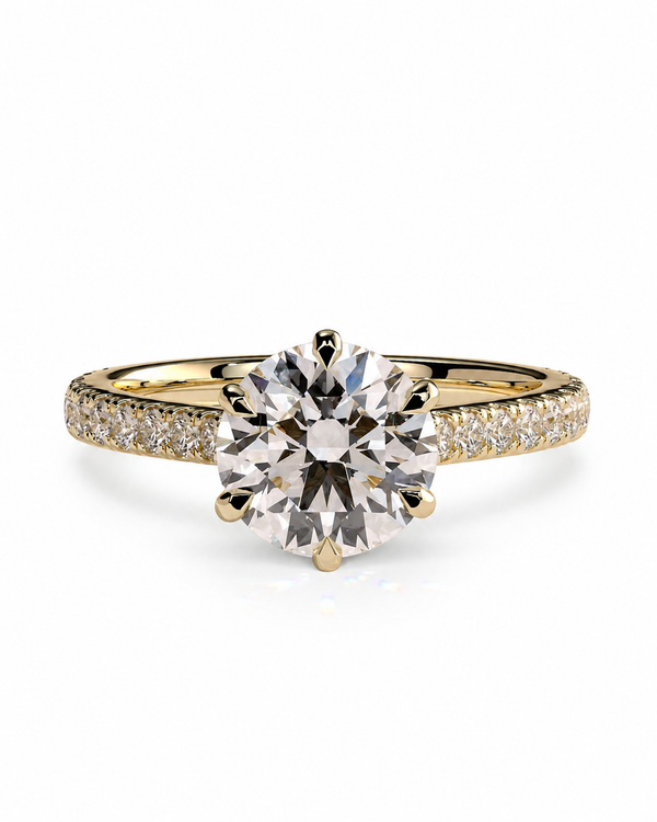 color_10K_YG, color_14K_YG &&Round moissanite engagement ring with delicate pave band front view
