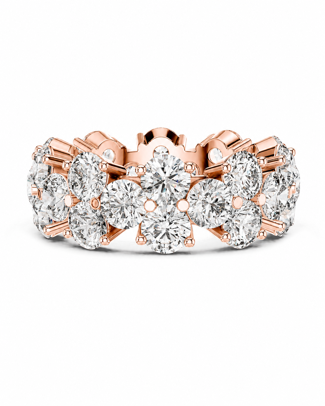 color_10K_RG, color_14K_RG &&	A rose gold eternity band ring featuring multiple round brilliant-cut diamonds in a floral cluster setting, shown on a clean white background.