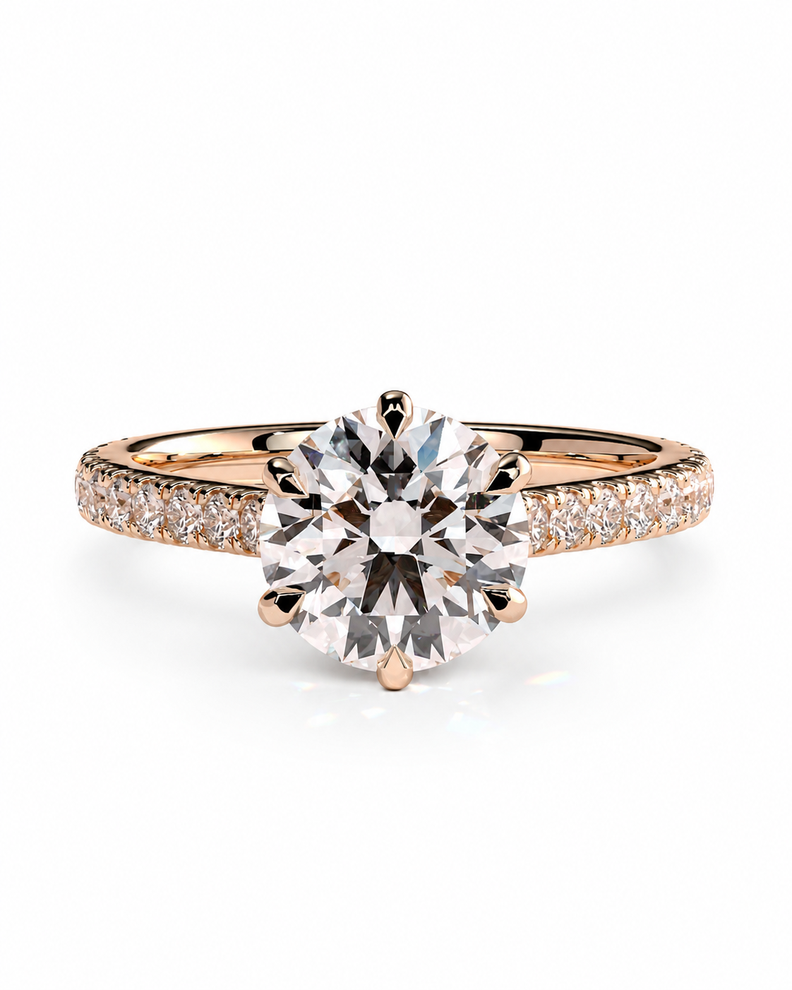 color_10K_RG, color_14K_RG &&A rose gold engagement ring featuring a large round-cut center stone in a six-prong setting, with a pave band set with small round stones, shown on a clean white background.
