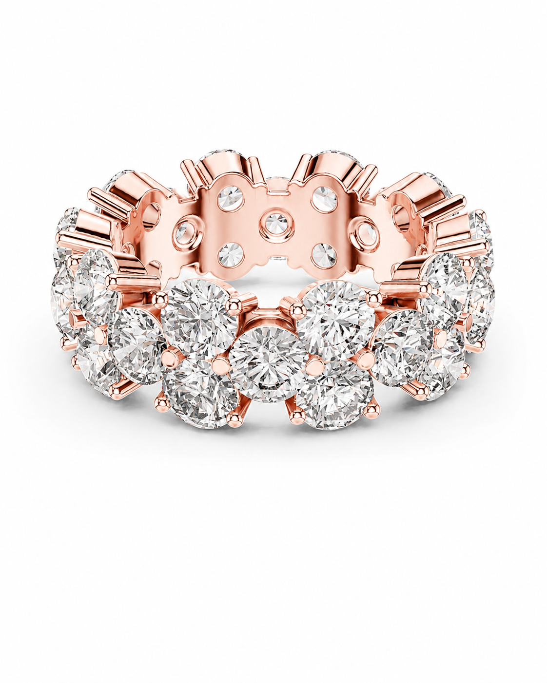 color_10K_RG, color_14K_RG &&	A rose gold eternity ring featuring multiple rows of round brilliant-cut diamonds, photographed on a clean white background.