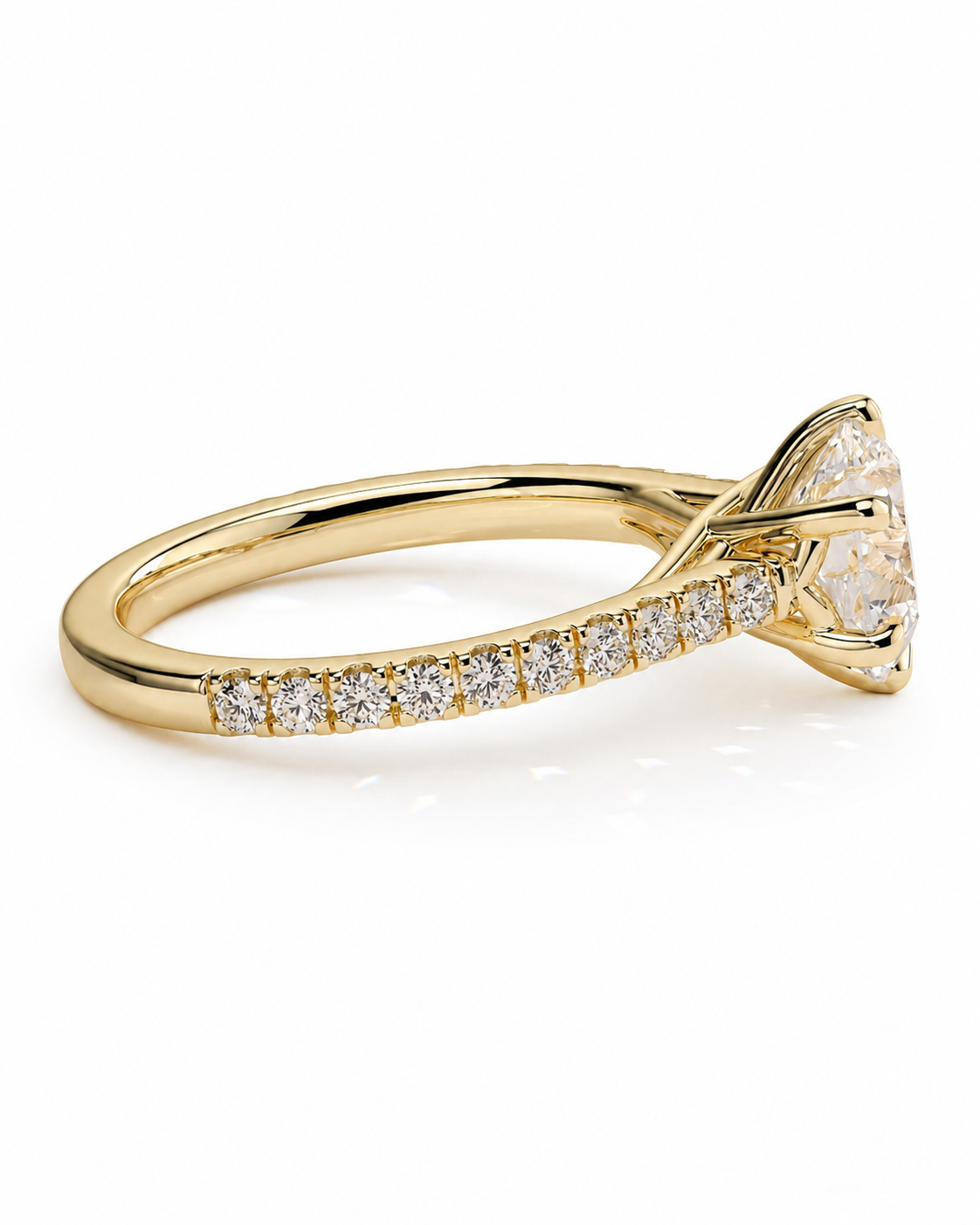 color_10K_YG, color_14K_YG &&Front angle of round moissanite pave engagement ring with six-prong setting
