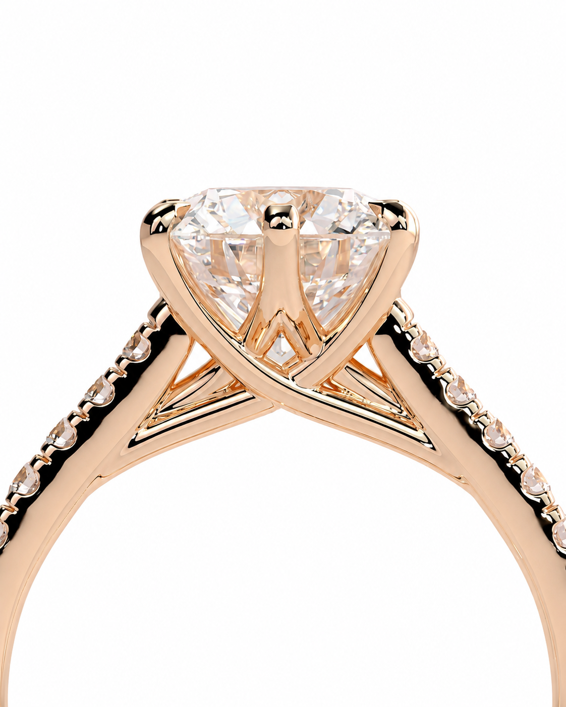 color_10K_RG, color_14K_RG &&Rose gold solitaire engagement ring with a triangular-cut clear center stone and small pave accents on the shank, shown on a white background.