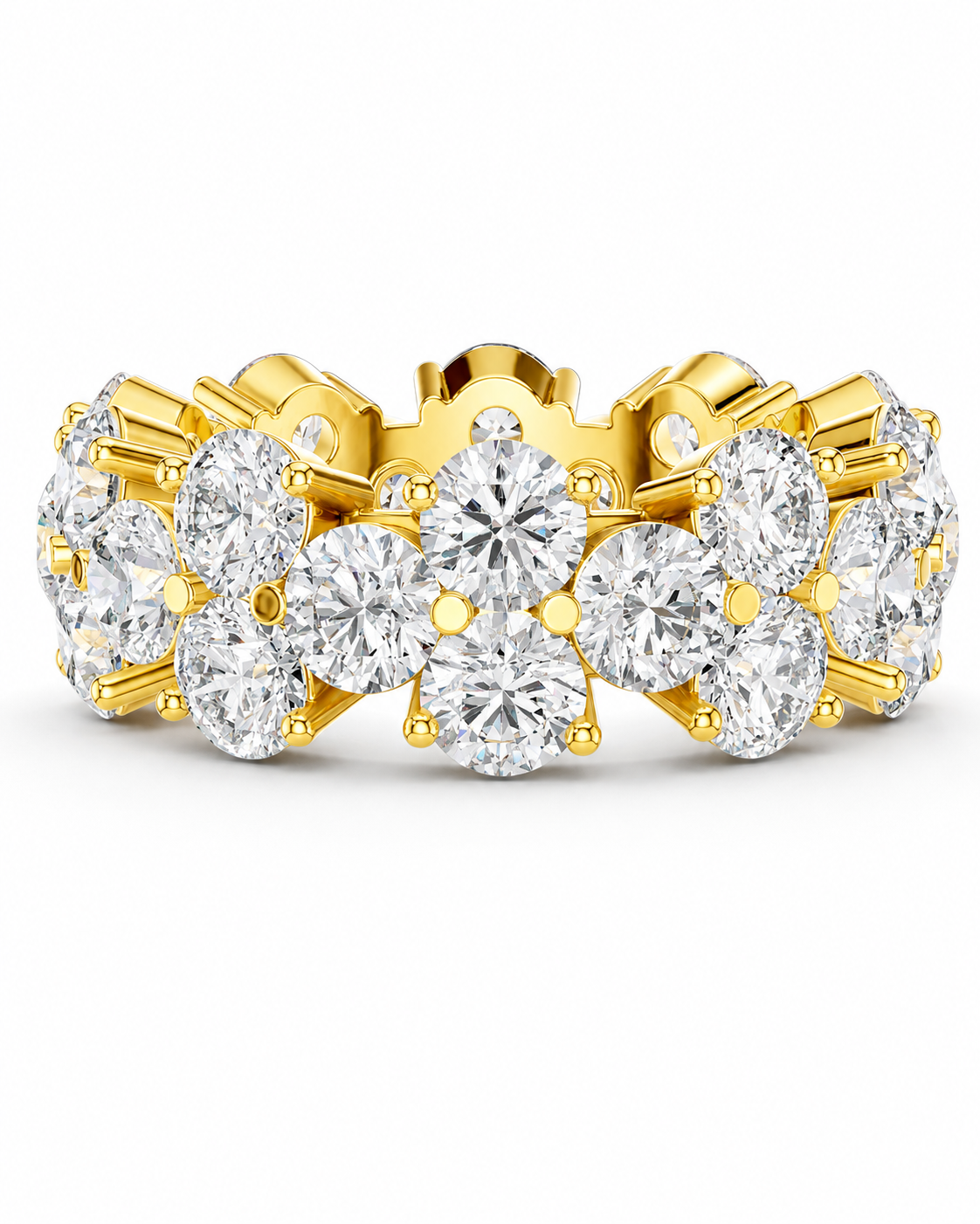 color_10K_YG, color_14K_YG &&	
A yellow gold eternity ring featuring a continuous row of round brilliant-cut diamonds in a floral cluster setting, shown on a clean white background.