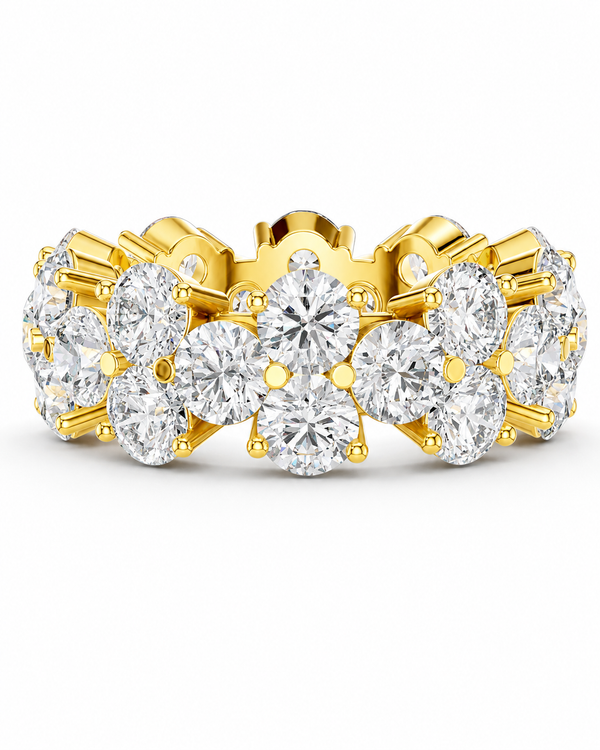 color_10K_YG, color_14K_YG &&	
A yellow gold eternity ring featuring a continuous row of round brilliant-cut diamonds in a floral cluster setting, shown on a clean white background.
