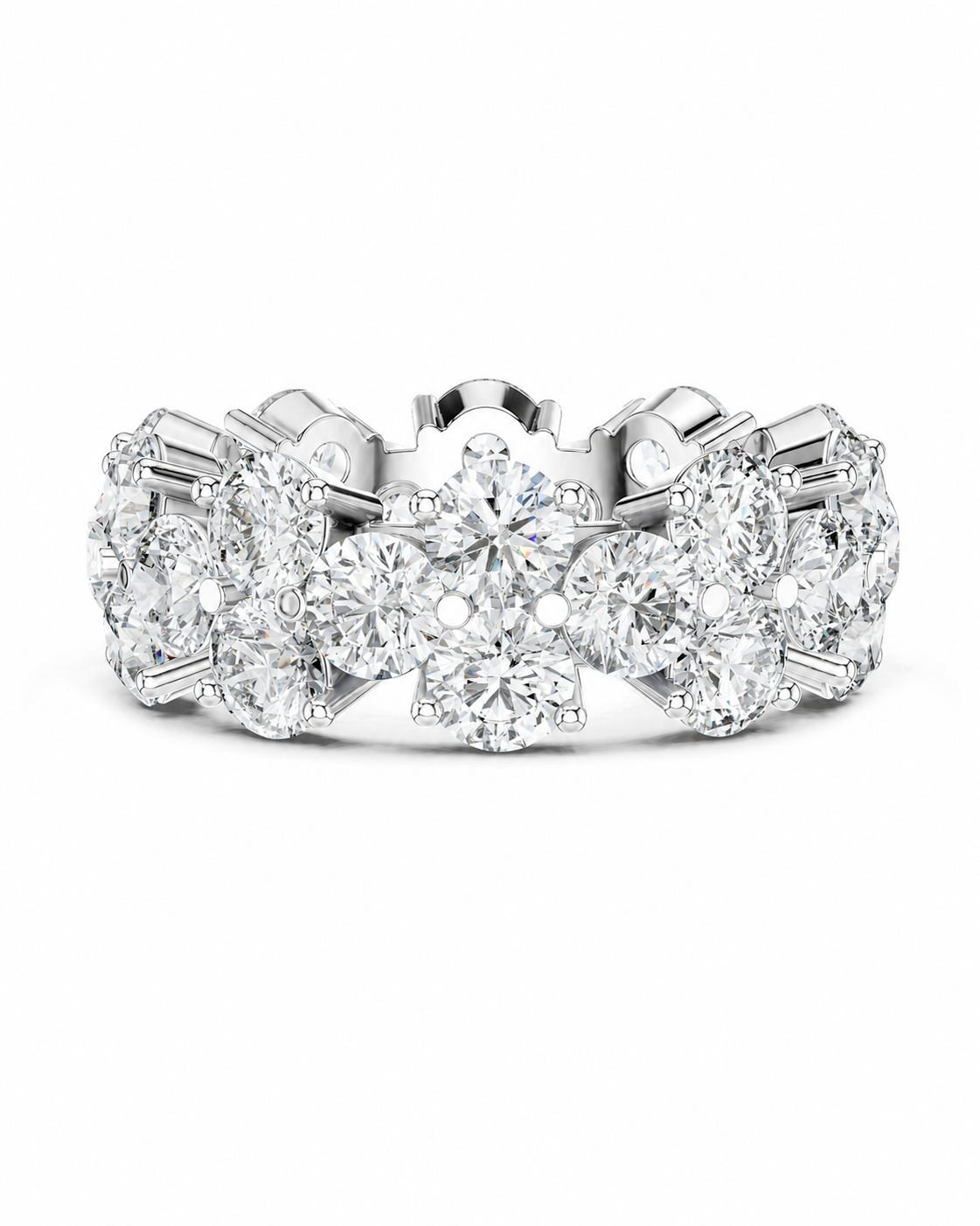 color_925_SIL,color_935_ARG,color_10K_WG, color_14K_WG &&	
A diamond eternity ring in a silver-colored metal setting, featuring multiple round brilliant-cut diamonds arranged in floral clusters around the band, shown on a plain white background.