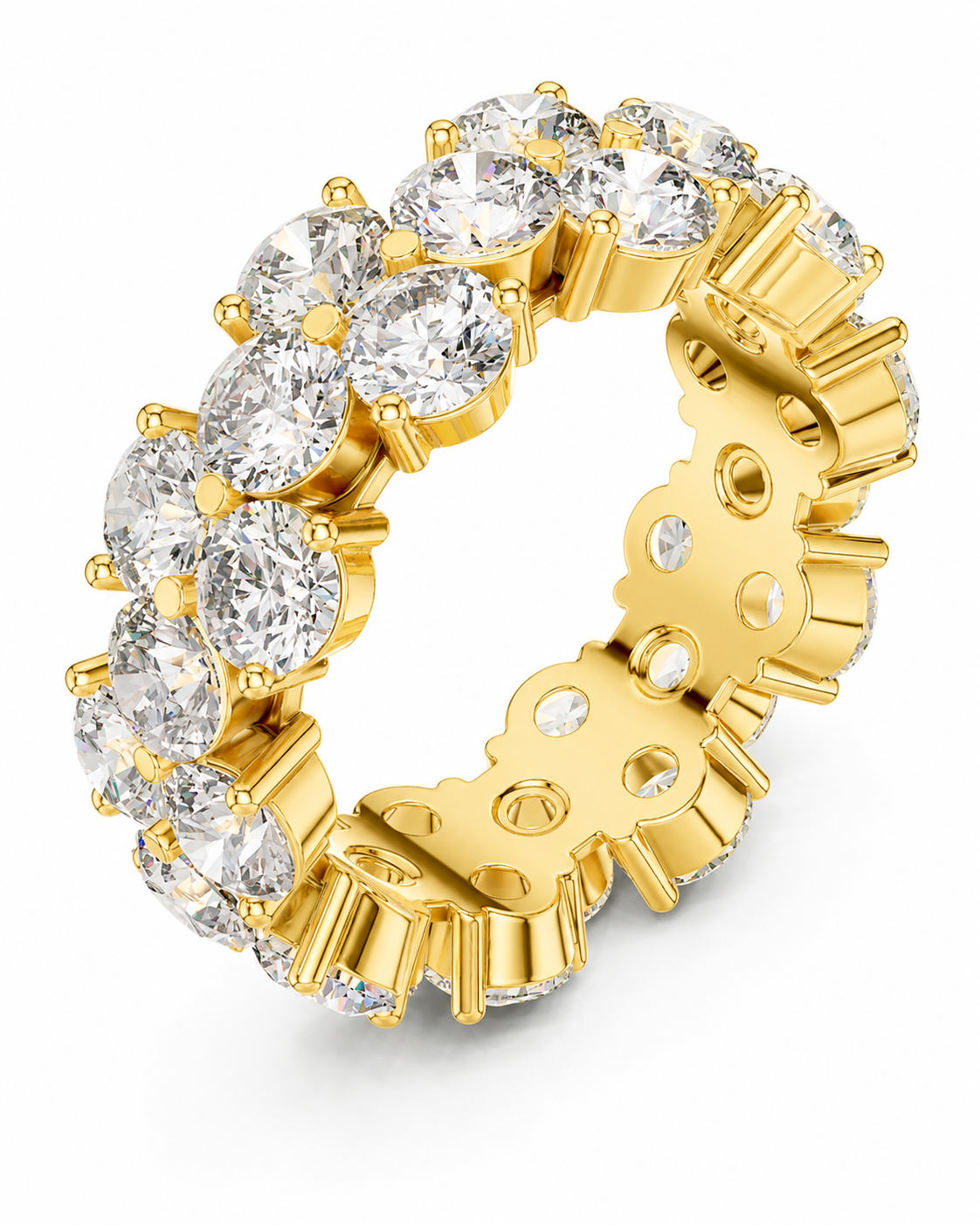 color_10K_YG, color_14K_YG &&	
A yellow gold eternity ring set with a full row of round brilliant-cut diamonds on a clean white background.