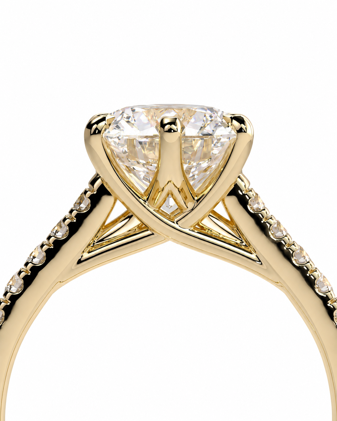 color_10K_YG, color_14K_YG &&High-resolution round moissanite engagement ring from rear perspective