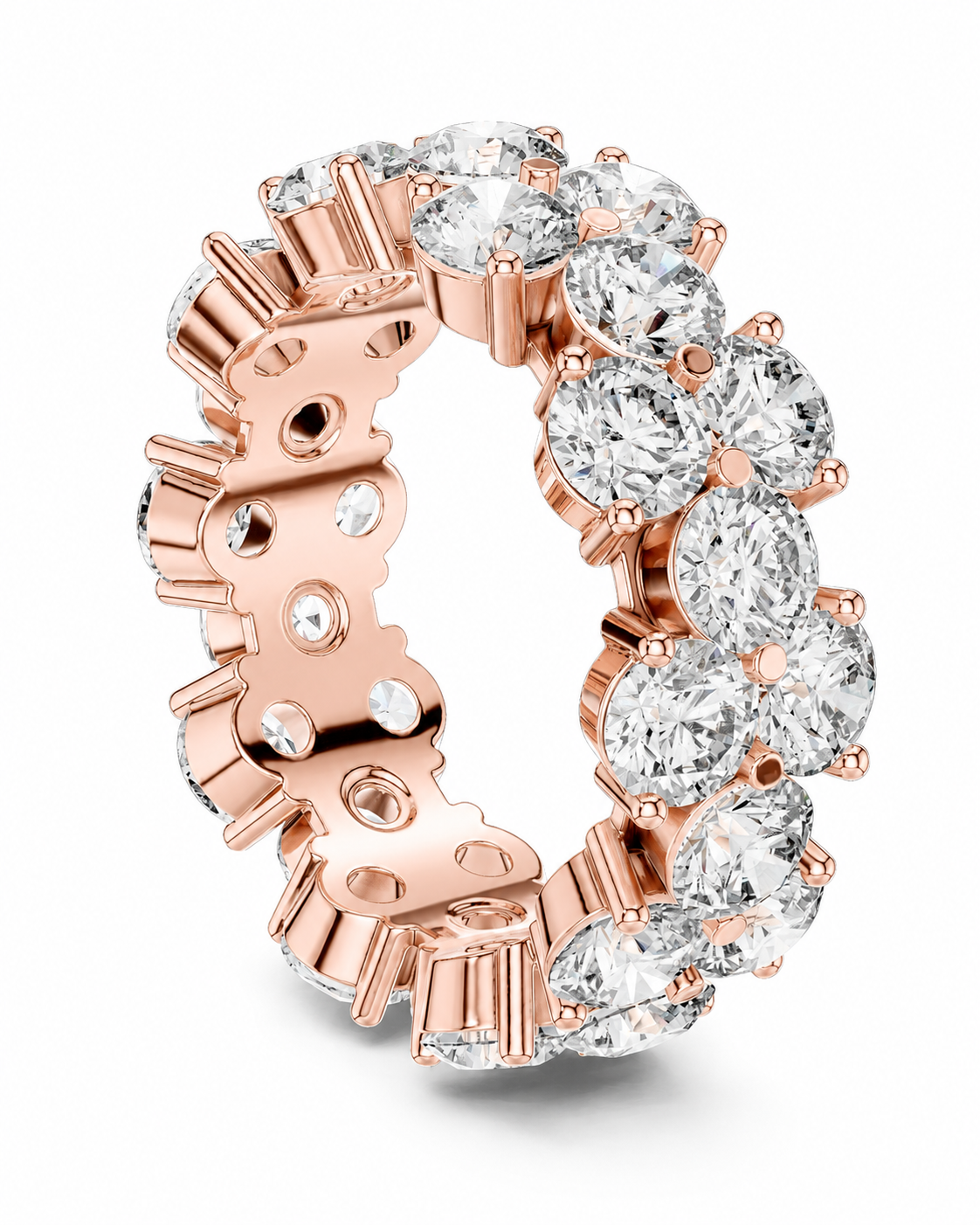 color_10K_RG, color_14K_RG &&	A rose gold eternity ring featuring a continuous row of round brilliant-cut clear gemstones on a white background.