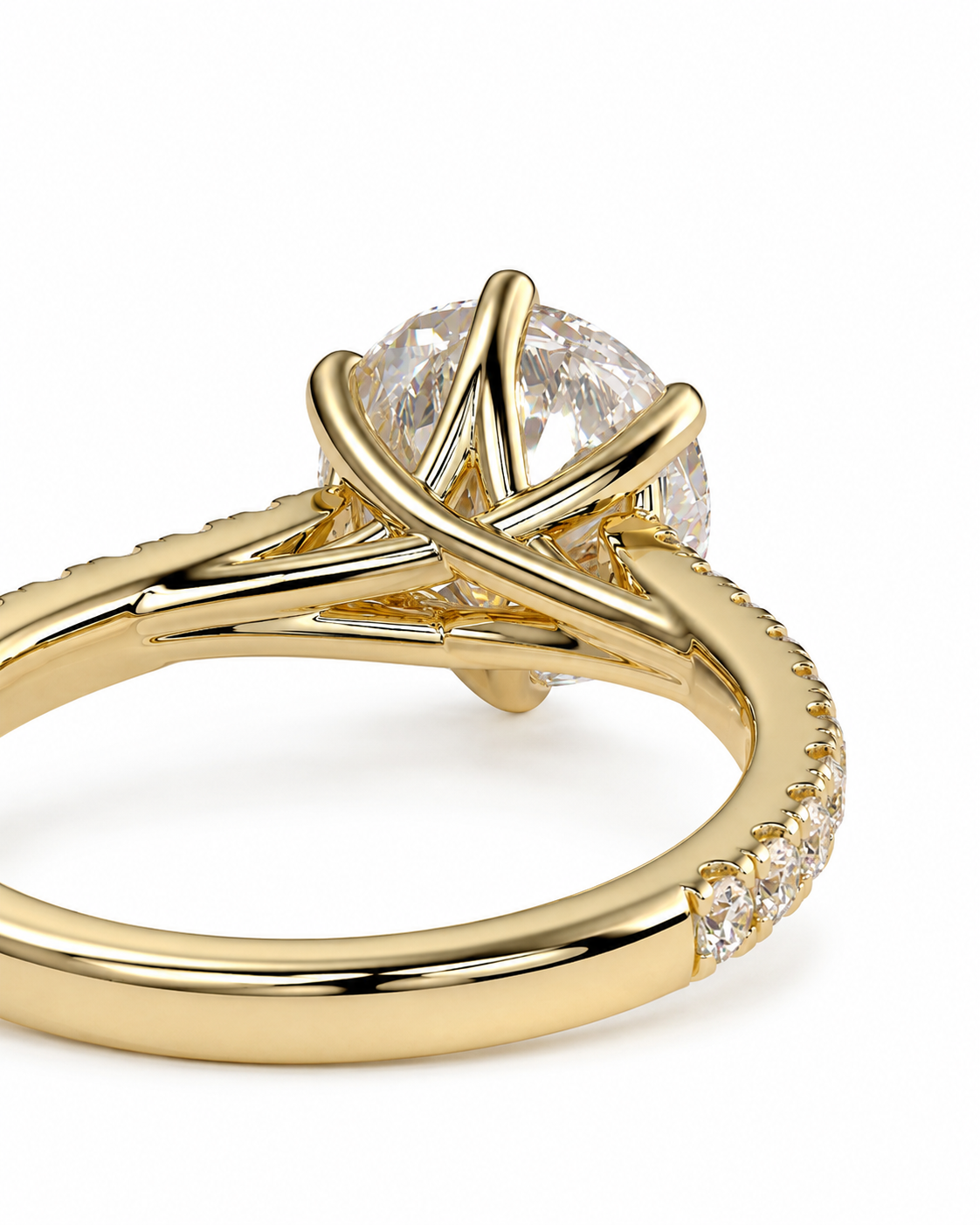 color_10K_YG, color_14K_YG &&Rear gallery view of round moissanite engagement ring with open basket
