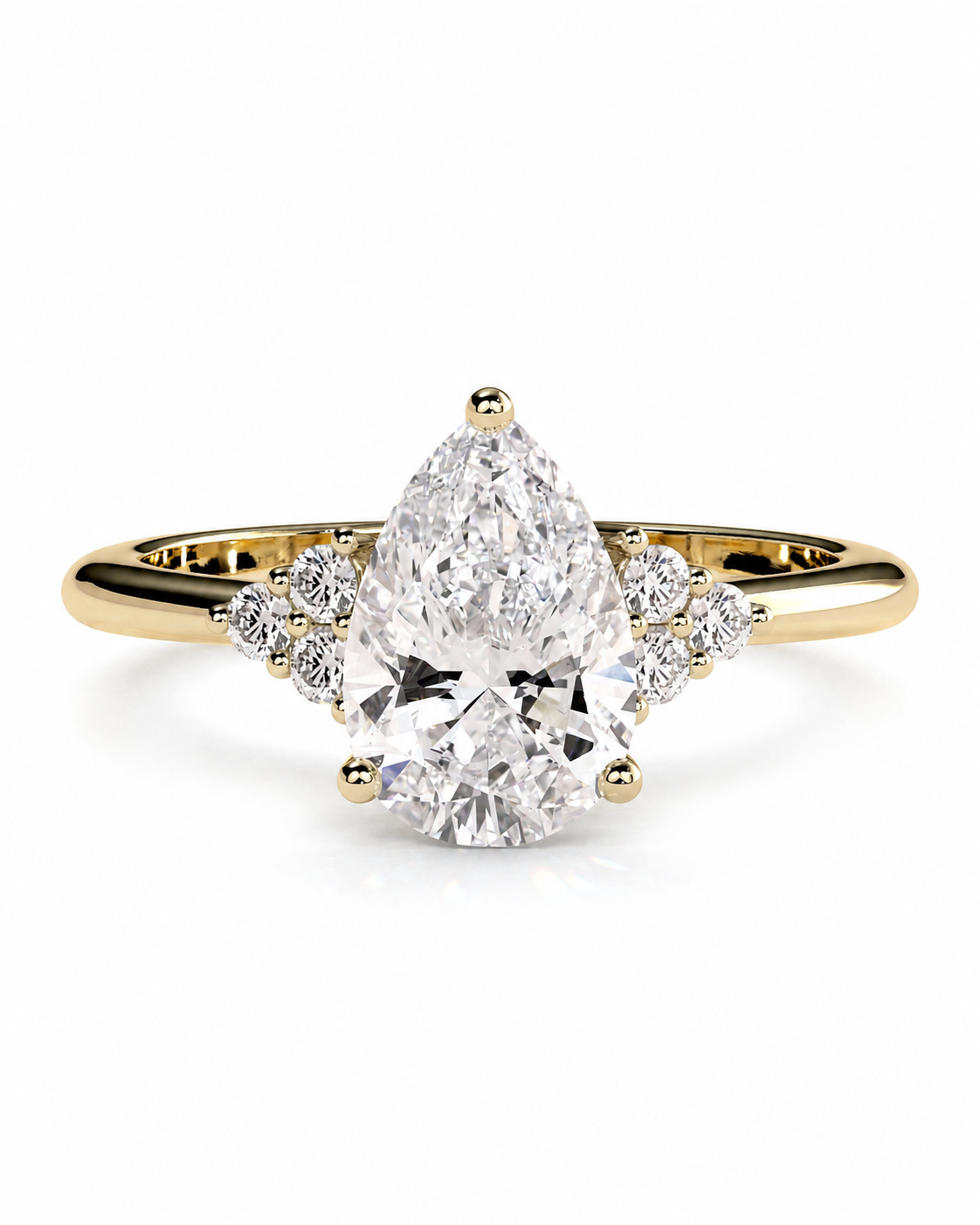color_10K_YG, color_14K_YG &&Pear moissanite engagement ring with round cluster side stones in front view.
