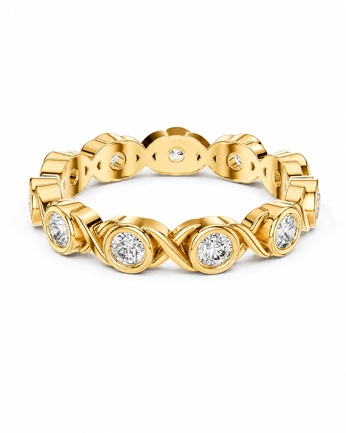 color_10K_YG, color_14K_YG &&	
A yellow gold eternity-style ring featuring multiple round-cut clear gemstones set in an open, interlocking pattern, photographed on a clean white background.