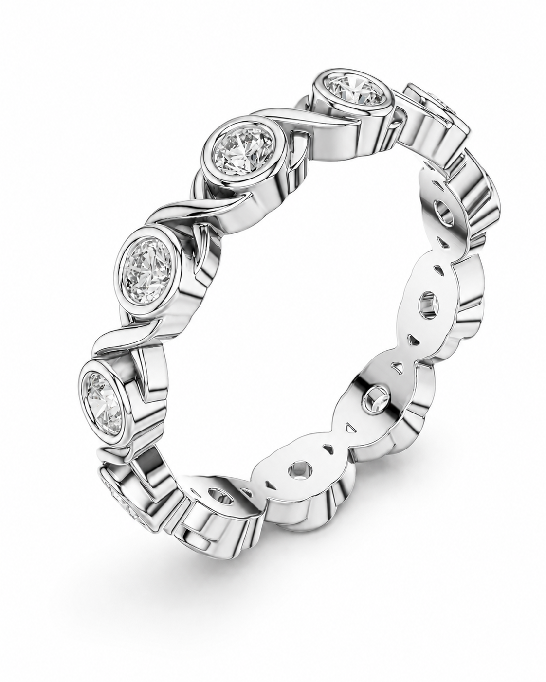 color_925_SIL,color_935_ARG,color_10K_WG, color_14K_WG &&	
A silver-toned eternity ring featuring a series of round bezel-set clear gemstones on a seamless white background.