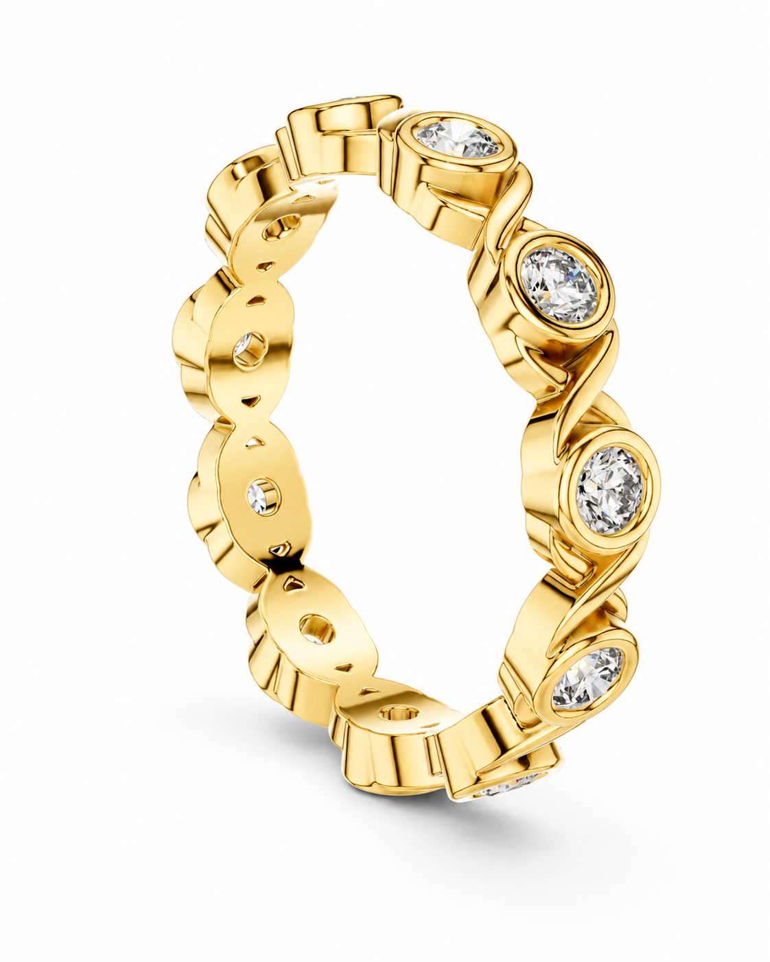color_10K_YG, color_14K_YG &&	
A yellow gold eternity-style ring featuring multiple bezel-set round clear gemstones, shown on a clean white background.