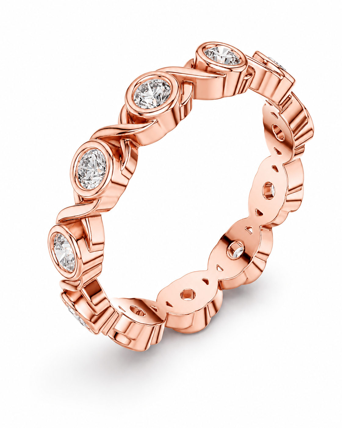 color_10K_RG, color_14K_RG &&	A rose gold eternity ring featuring a continuous line of round-cut clear gemstones in a sculptural, interlocking pattern, shown on a clean white background.