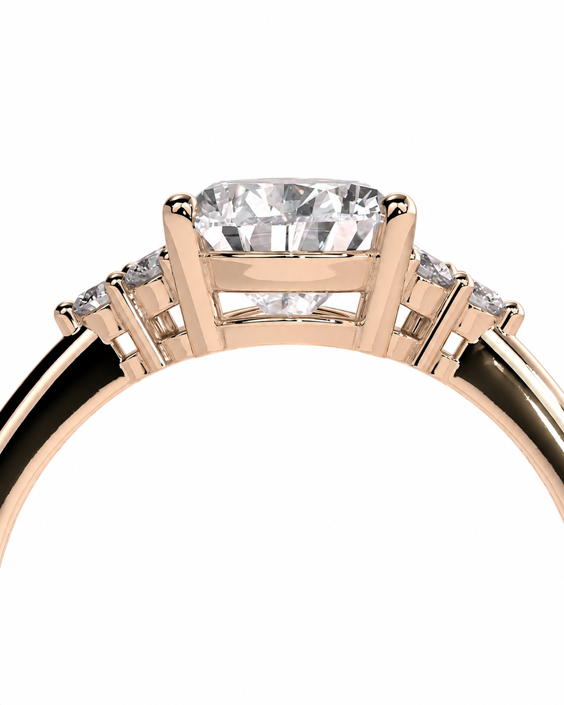 color_10K_RG, color_14K_RG &&Close-up of a rose gold ring with a large cushion-cut center diamond and smaller side diamonds on a white background.