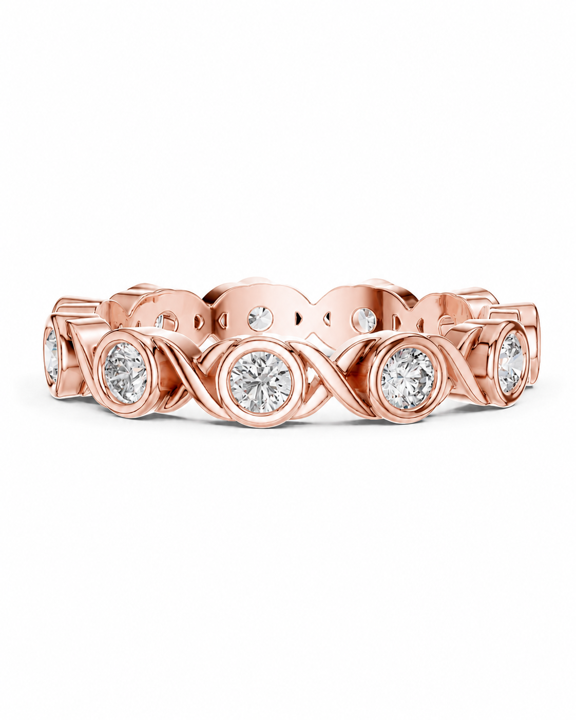 color_10K_RG, color_14K_RG &&	A rose gold eternity band ring featuring alternating round-cut clear gemstones in bezel settings, displayed on a clean white background.
