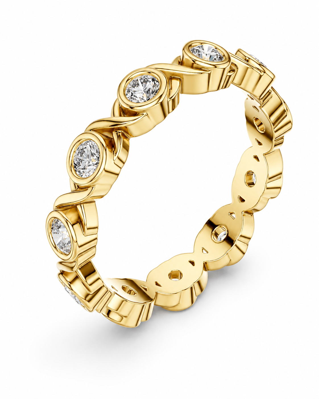 color_10K_YG, color_14K_YG &&	
A yellow gold eternity-style ring featuring a continuous series of bezel-set round clear gemstones, shown on a clean white background.