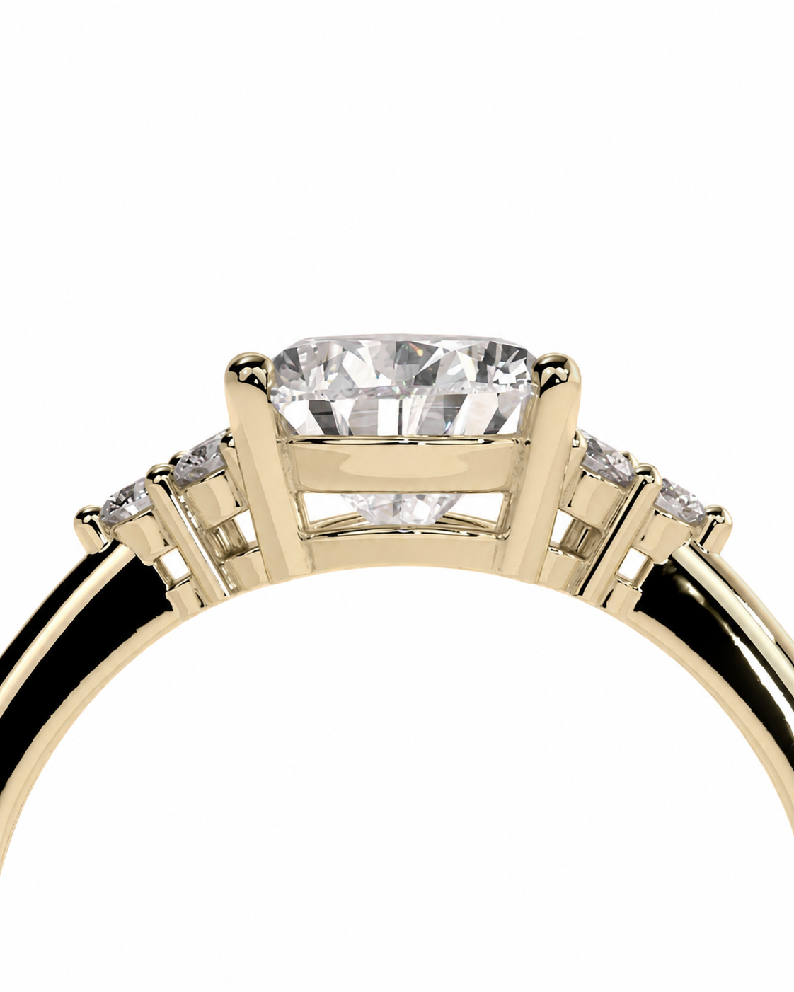 color_10K_YG, color_14K_YG &&Pear cut moissanite ring with polished band and sparkling side accents.