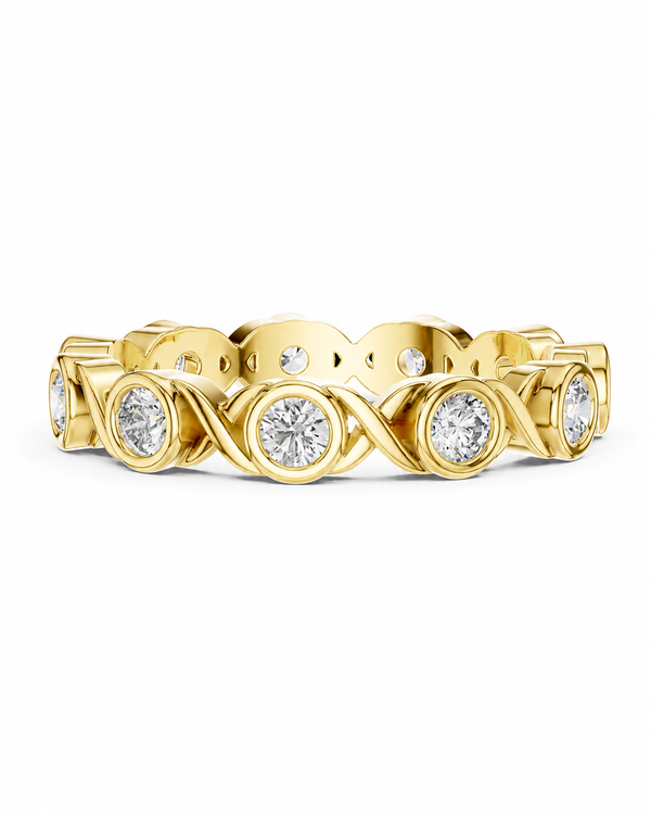 color_10K_YG, color_14K_YG &&	
A yellow gold eternity-style ring featuring round bezel-set clear stones and an intertwined openwork design, photographed on a clean white background.