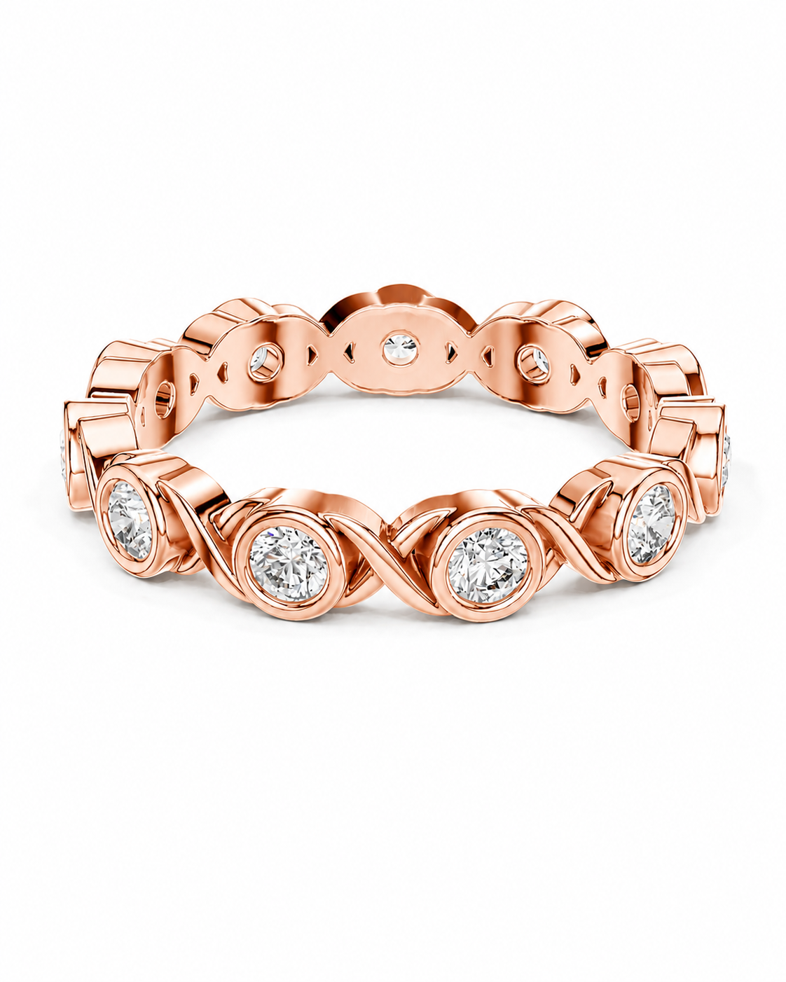 color_10K_RG, color_14K_RG &&	A rose gold eternity band featuring round-cut clear gemstones in a continuous linked design, displayed on a clean white background.