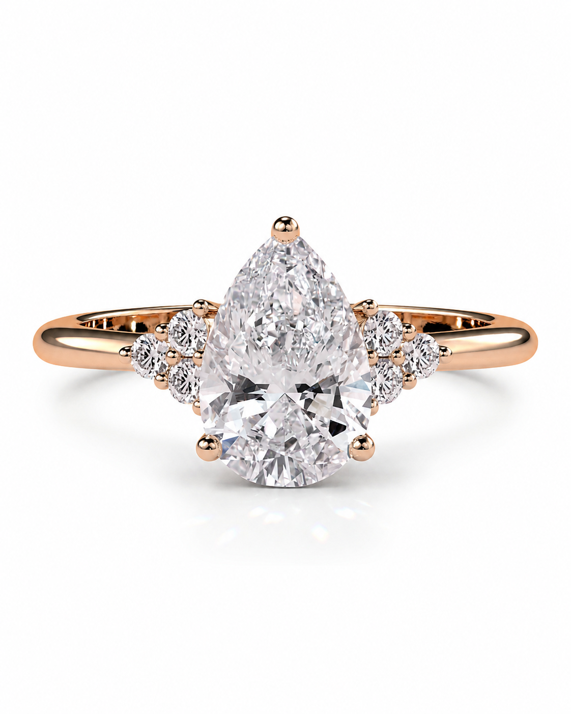 color_10K_RG, color_14K_RG &&A rose gold engagement ring featuring a pear-cut center diamond surrounded by smaller round diamonds on the band, set against a clean white background.