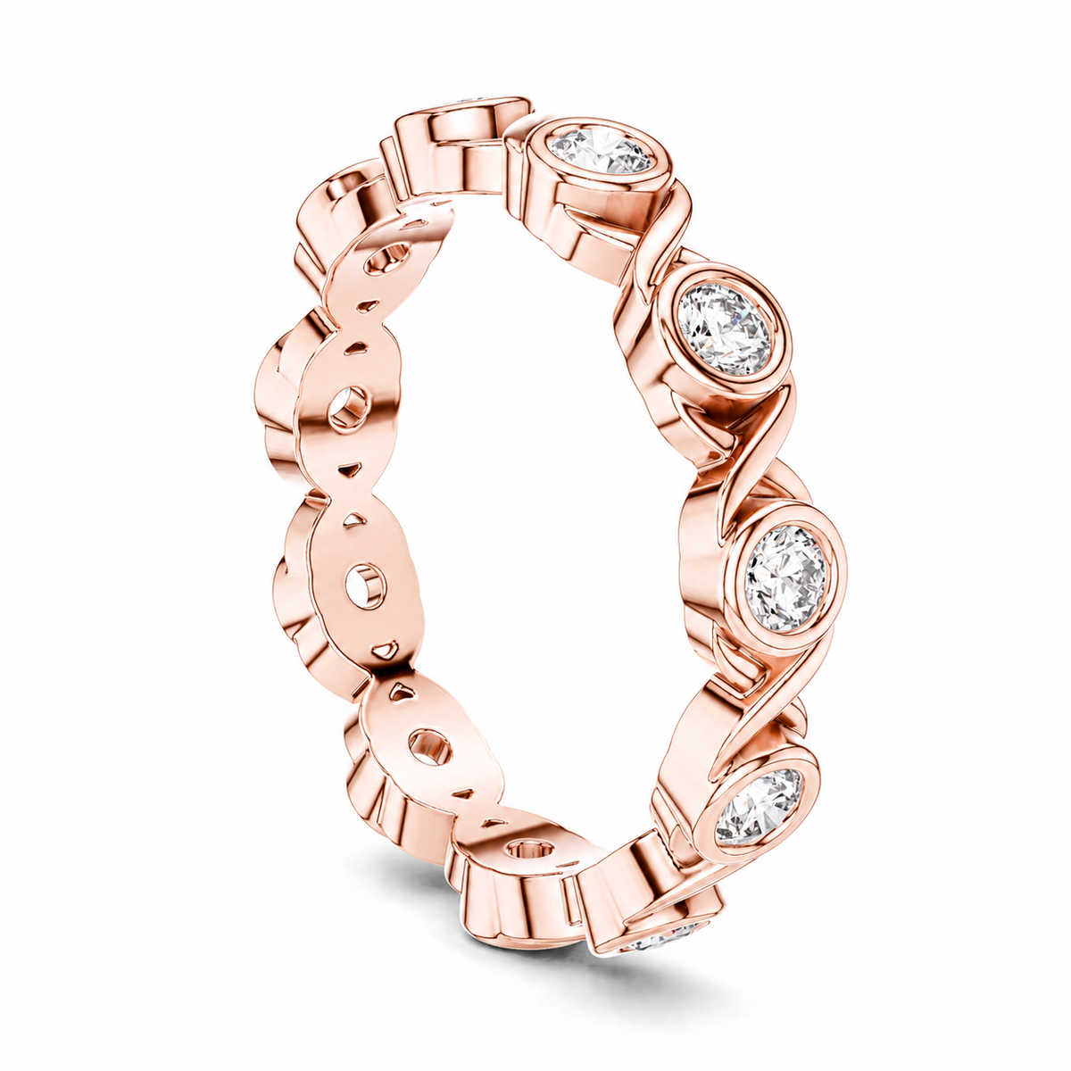 color_10K_RG, color_14K_RG &&	A rose gold eternity ring featuring a continuous wave-like design with bezel-set round and oval clear gemstones, shown on a clean white background.