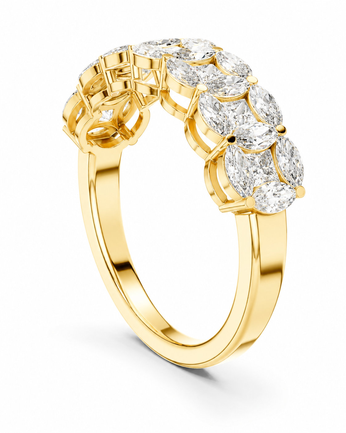 color_10K_YG, color_14K_YG &&	
A yellow gold ring featuring a curved top set with multiple rows of round brilliant-cut diamonds, shown on a clean white background.