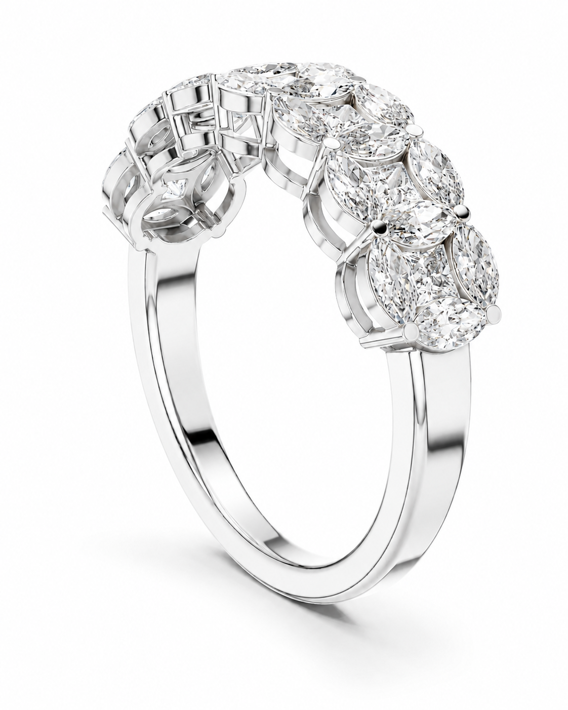color_925_SIL,color_935_ARG,color_10K_WG, color_14K_WG &&	
A silver-colored diamond ring featuring a curved top set with multiple rows of round and marquise-cut diamonds, shown on a clean white background.