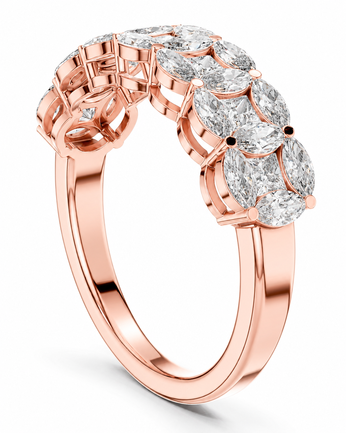 color_10K_RG, color_14K_RG &&	A rose gold ring featuring a decorative pave setting with marquise-cut and oval-cut clear gemstones, shown on a clean white background.