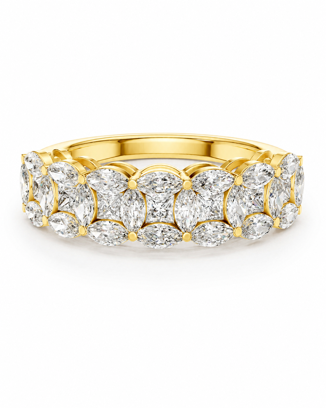 color_10K_YG, color_14K_YG &&	
A yellow gold eternity ring set with multiple round brilliant-cut diamonds in a double row, photographed on a clean white background.