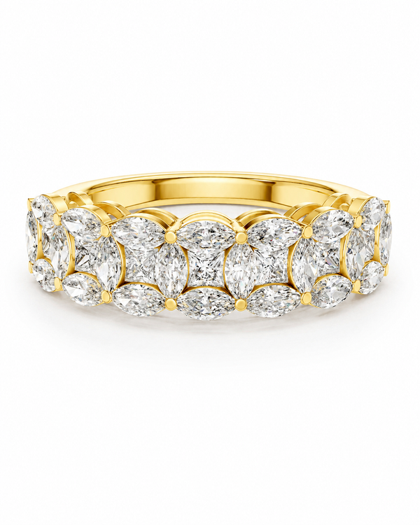 color_10K_YG, color_14K_YG &&	
A yellow gold eternity ring set with multiple round brilliant-cut diamonds in a double row, photographed on a clean white background.