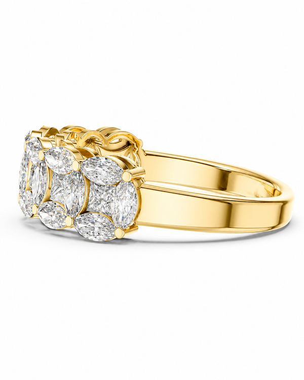 color_10K_YG, color_14K_YG &&	
A yellow gold ring featuring a cluster of marquise-cut and oval diamonds, photographed on a clean white background.