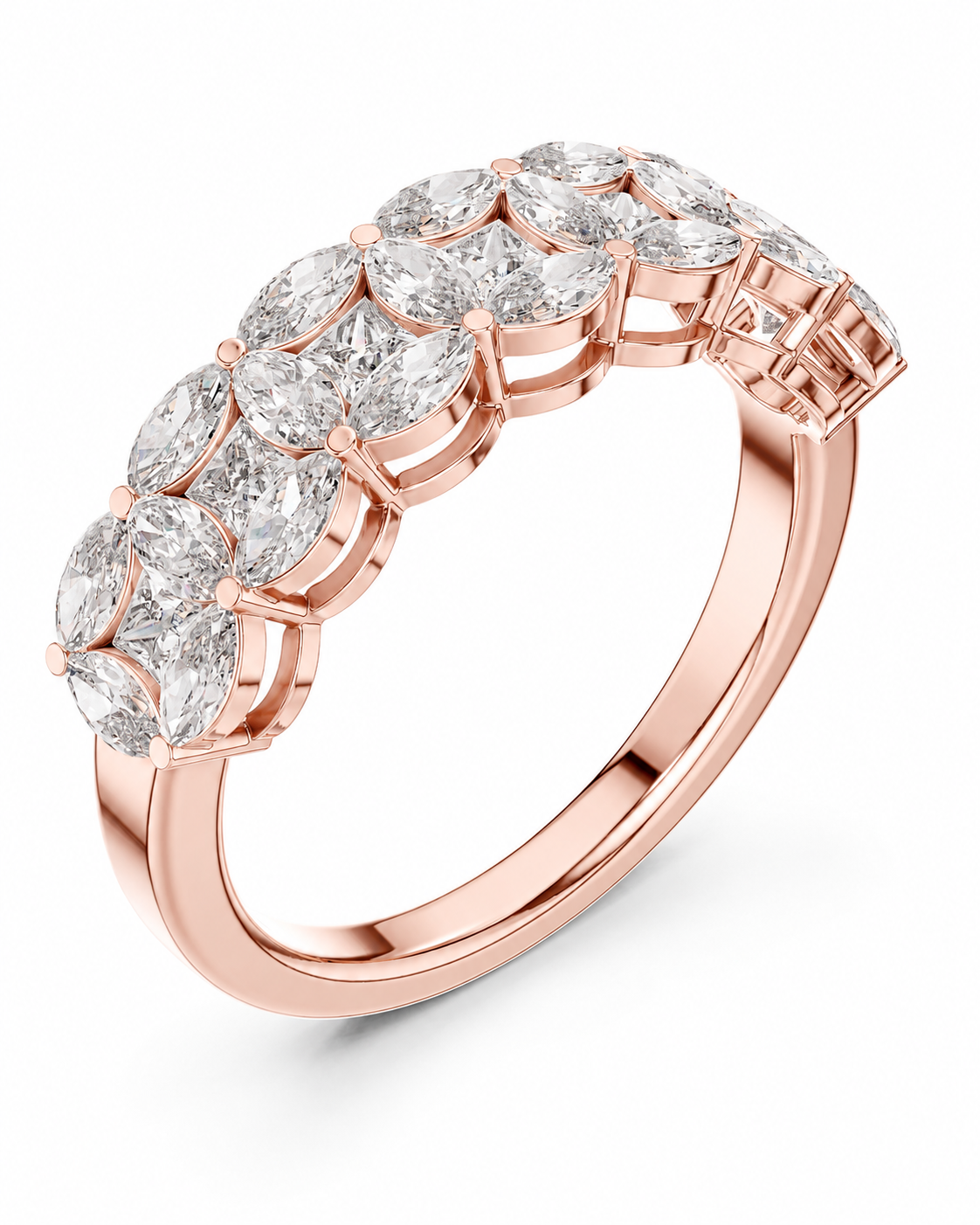 color_10K_RG, color_14K_RG &&	Rose gold ring with a curved row of marquise-cut clear gemstones in a halo setting, shown on a clean white background.