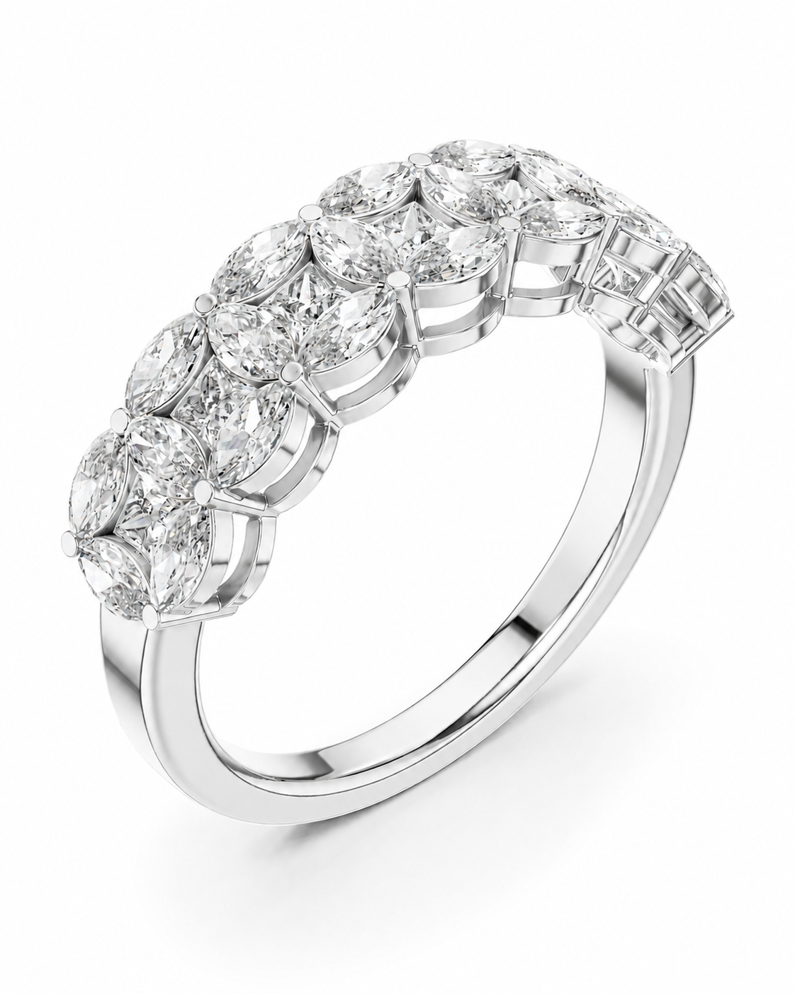 color_925_SIL,color_935_ARG,color_10K_WG, color_14K_WG &&	
A silver-tone diamond ring featuring a curved row of marquise-cut and baguette-cut diamonds in a halo setting, shown on a clean white background.