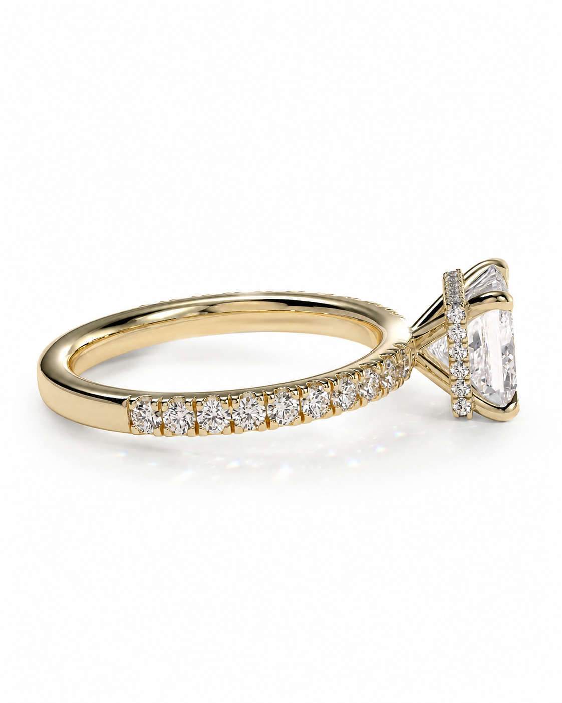 color_10K_YG, color_14K_YG &&Luxury Princess cut moissanite ring showcasing a sparkling hidden halo setting.
