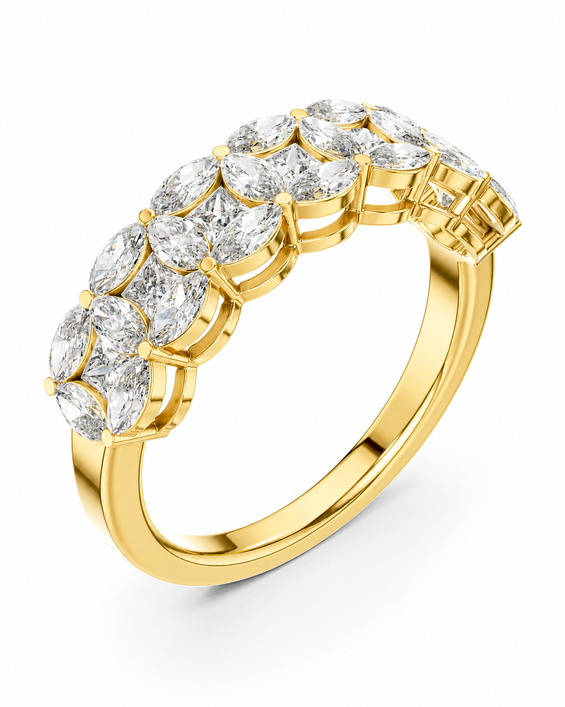 color_10K_YG, color_14K_YG &&	
A yellow gold ring featuring a curved top set with multiple marquise-cut clear gemstones in a close-packed arrangement, shown on a clean white background.
