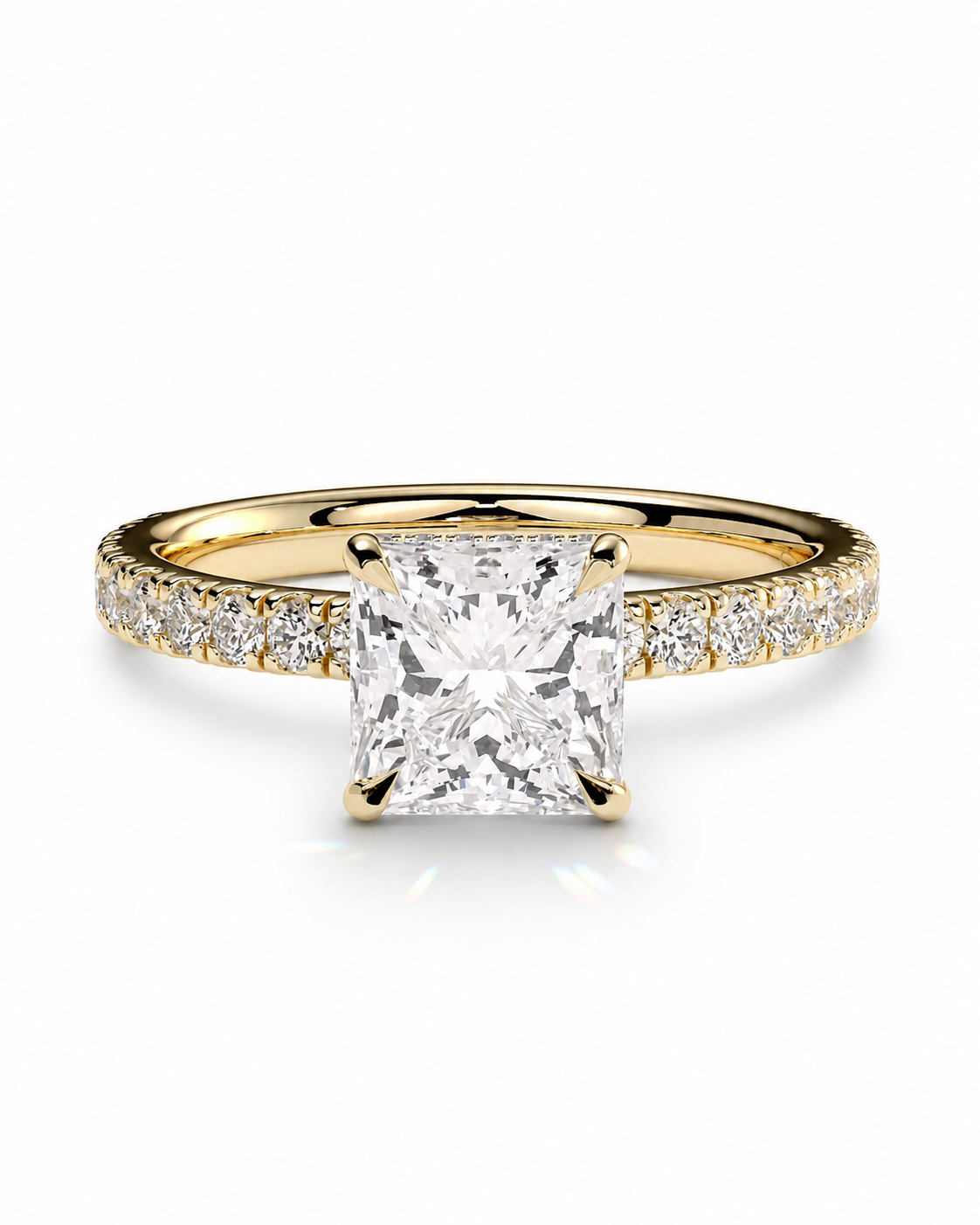 color_10K_YG, color_14K_YG &&Princess cut moissanite hidden halo engagement ring with pave band front view.
