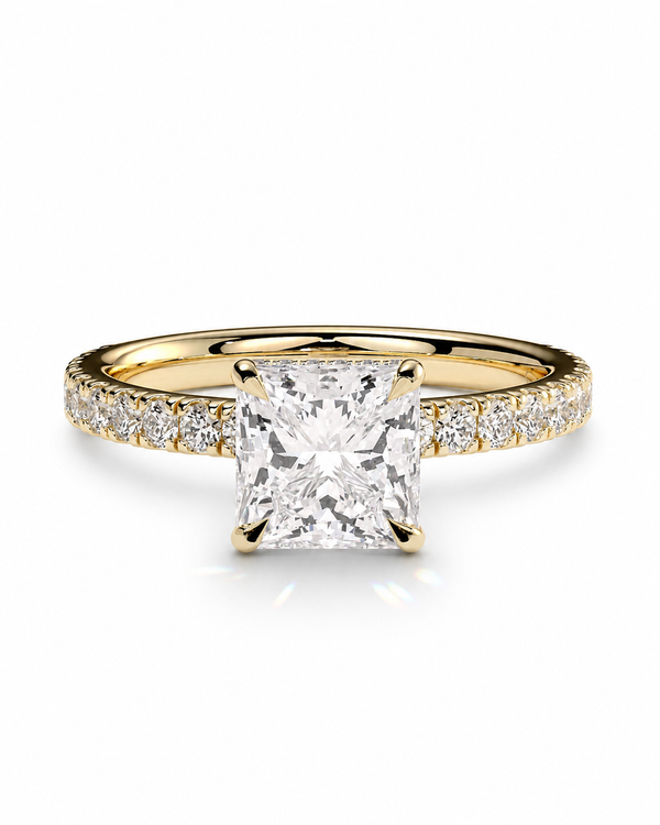 color_10K_YG, color_14K_YG &&Princess cut moissanite hidden halo engagement ring with pave band front view.
