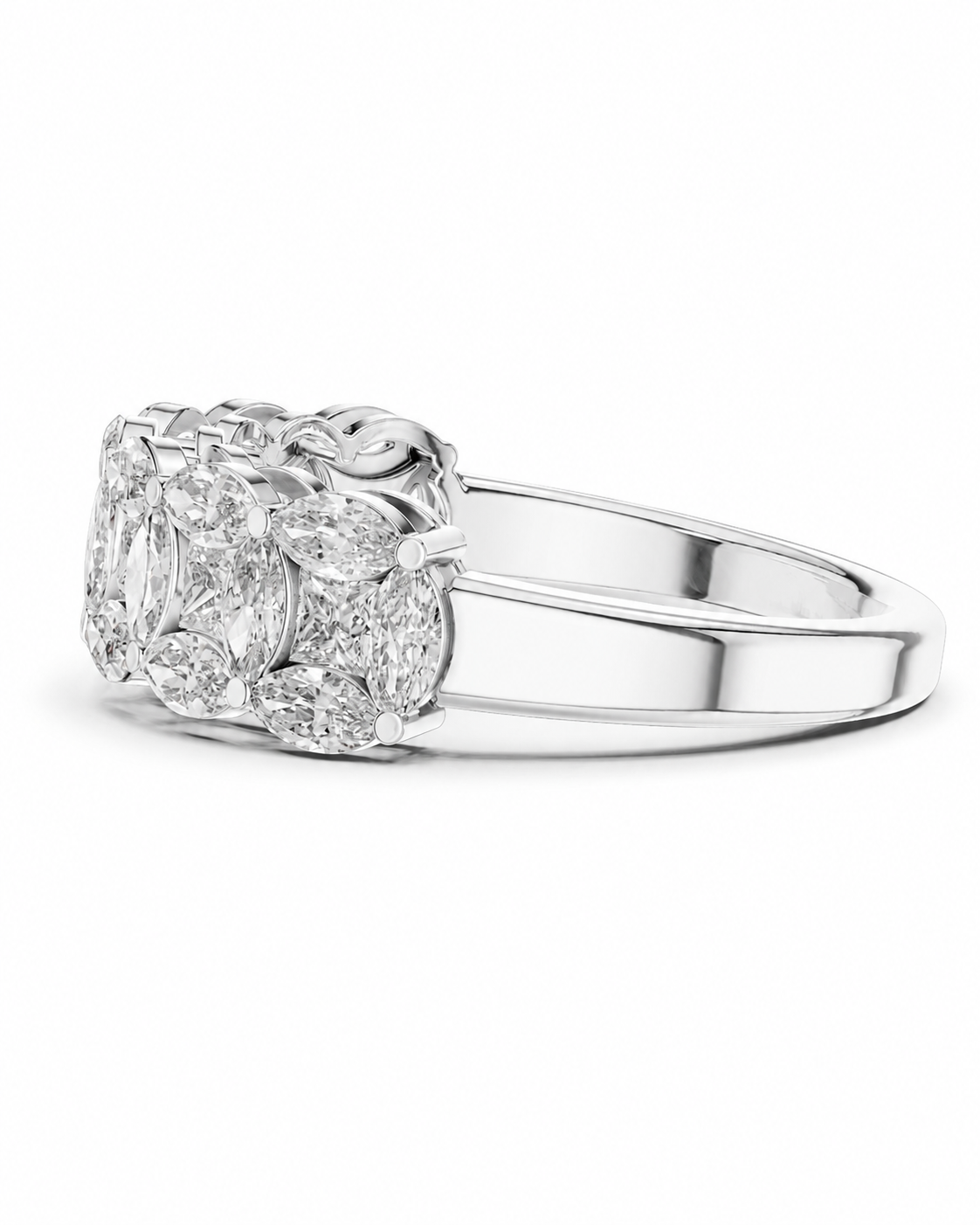 color_925_SIL,color_935_ARG,color_10K_WG, color_14K_WG &&	
A silver-toned diamond ring featuring a large oval center stone surrounded by smaller round and marquise-cut diamonds in a decorative cluster setting, shown on a plain white background.