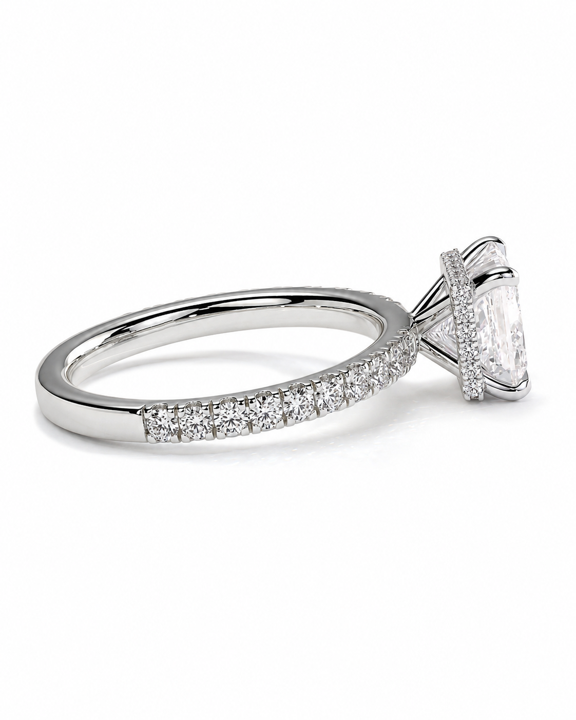 color_925_SIL,color_935_ARG,color_10K_WG, color_14K_WG &&A silver-toned diamond engagement ring featuring a large rectangular emerald-cut center stone in a prong setting, with a pave band on one side and a channel-set accent on the other.