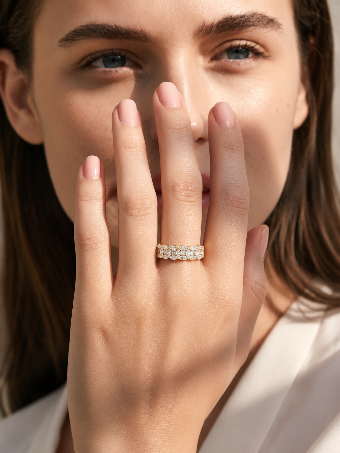 color_10K_YG, color_14K_YG &&	
Half eternity anniversary band featuring brilliant marquise moissanite stones in an elegant arrangement.