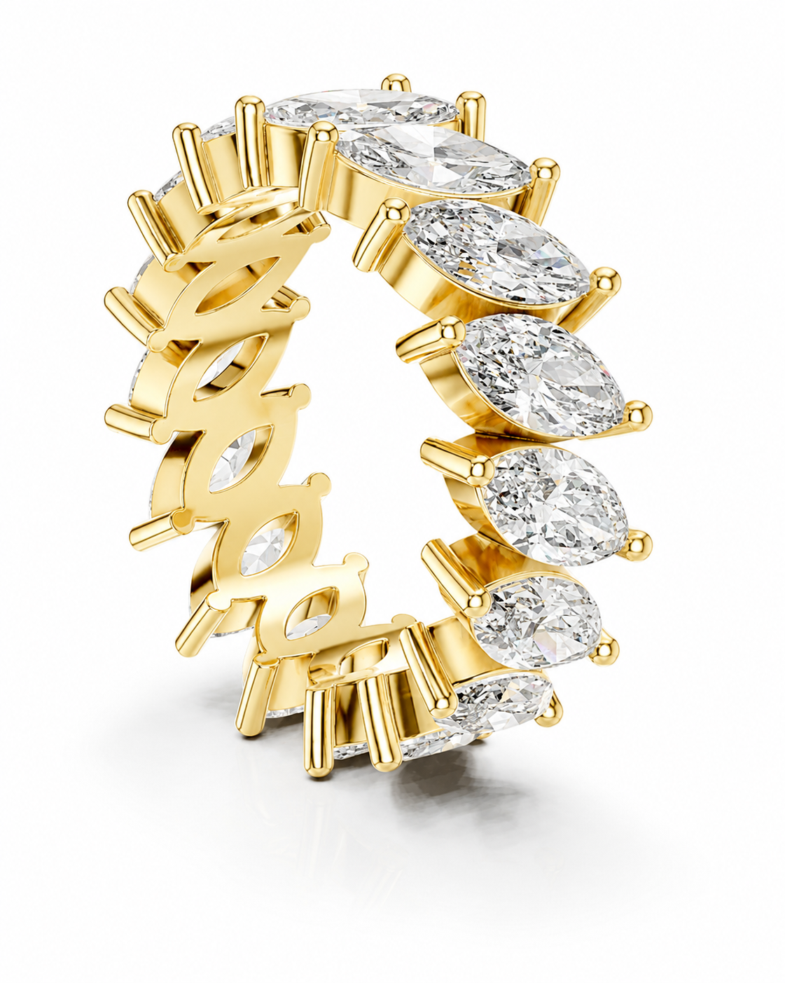 color_10K_YG, color_14K_YG &&	
A gold eternity ring featuring a continuous row of marquise-cut clear gemstones in a prong setting, shown on a clean white background.