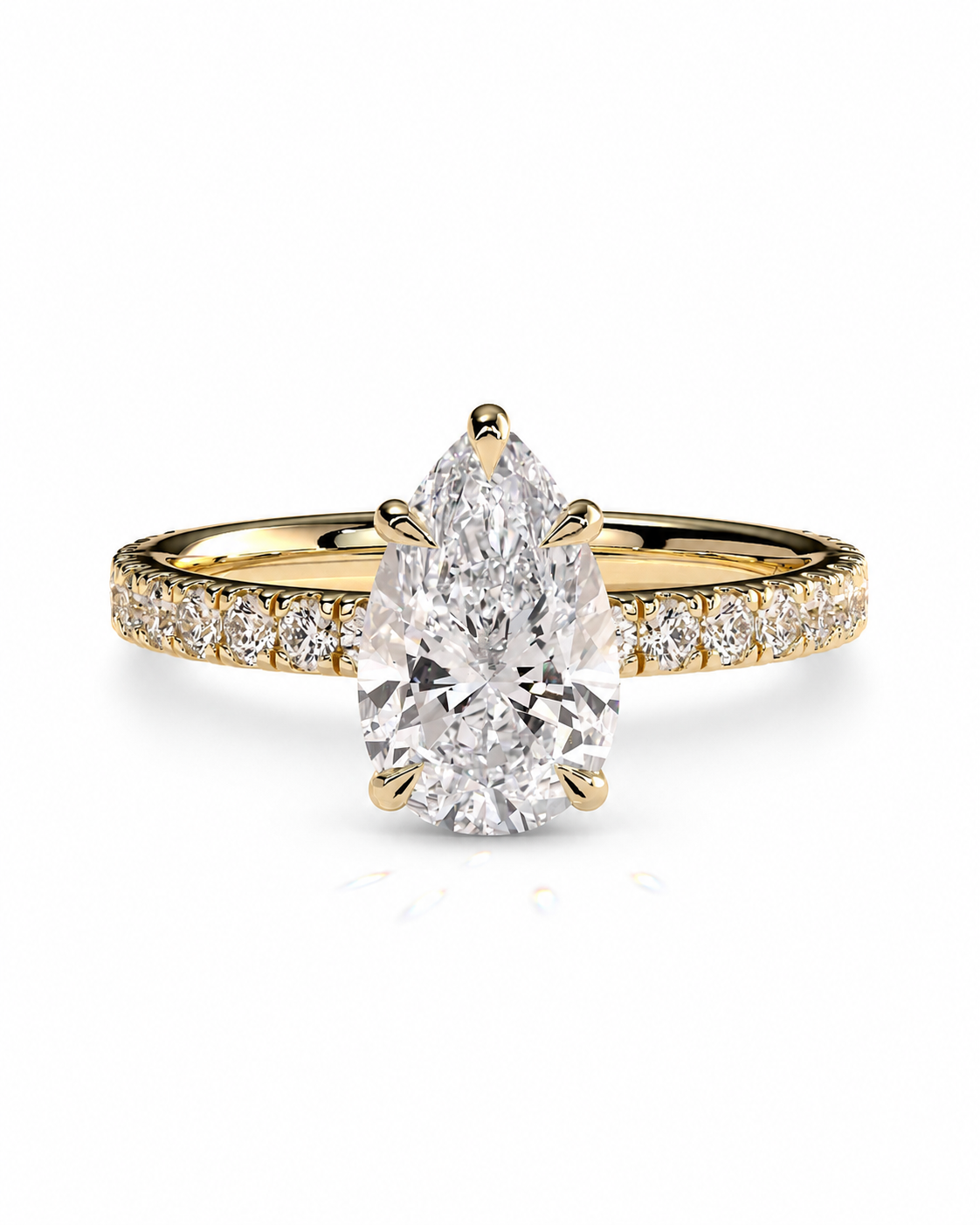color_10K_YG, color_14K_YG &&Pear moissanite engagement ring with a sparkling pave band front view.
