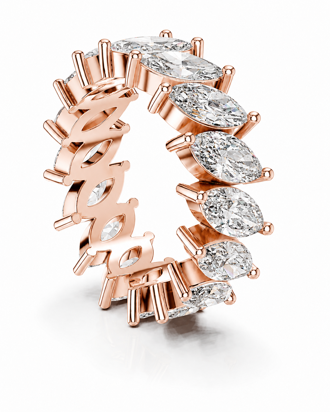 color_10K_RG, color_14K_RG &&	A rose gold eternity ring featuring marquise-cut clear gemstones set in a continuous band, shown on a clean white background.