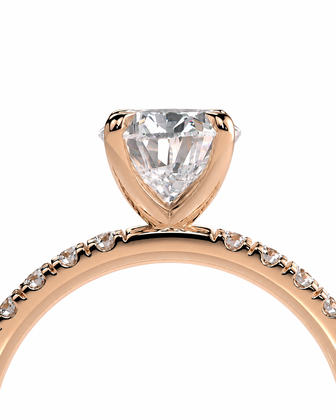 color_10K_RG, color_14K_RG &&Rose gold engagement ring featuring a large triangular-cut clear center stone in a prong setting, with a pave band of small round stones on a white background.