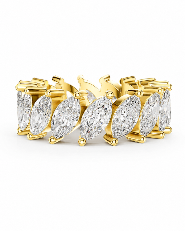 color_10K_YG, color_14K_YG &&	
A yellow gold eternity-style band featuring a row of marquise-cut clear gemstones in a prong setting, shown on a plain white background.